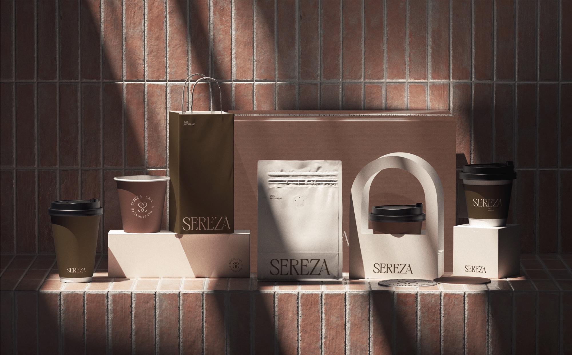 Sereza café identity across coffee cups, takeaway bags, a coffee pouch, and pastry packaging