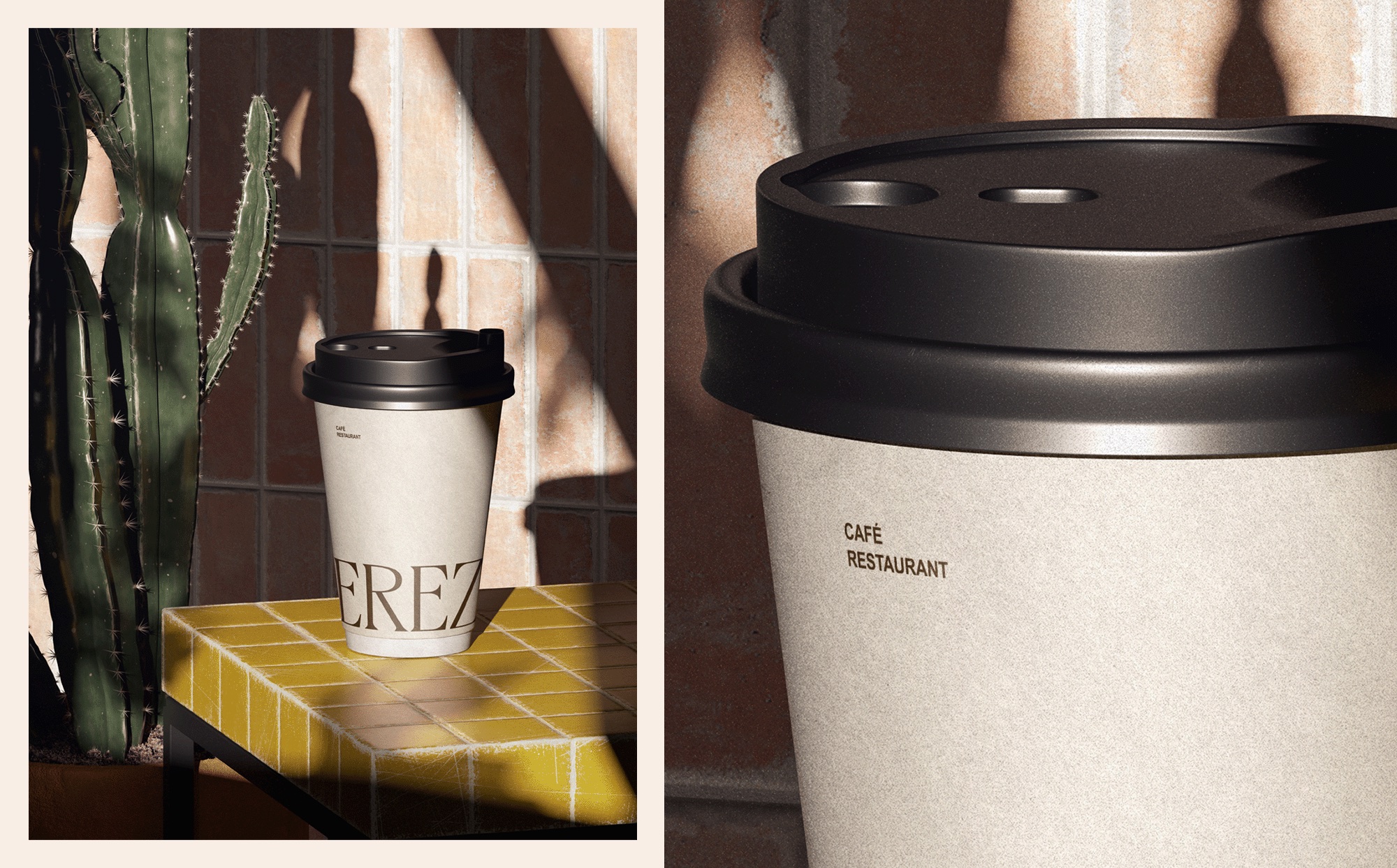 A Sereza takeaway cup beside a cactus and sunlit café tiles