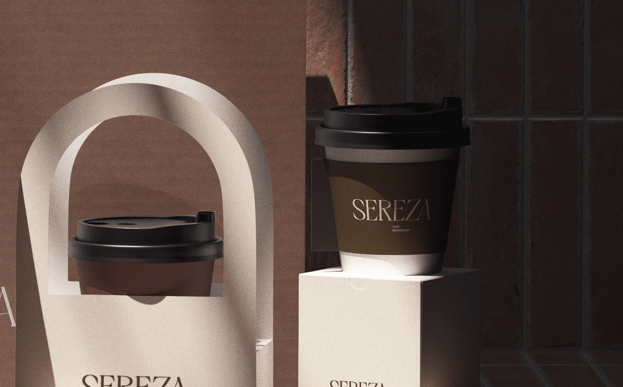 Arched cup carrier and takeaway cup in the Sereza cream and brown palette
