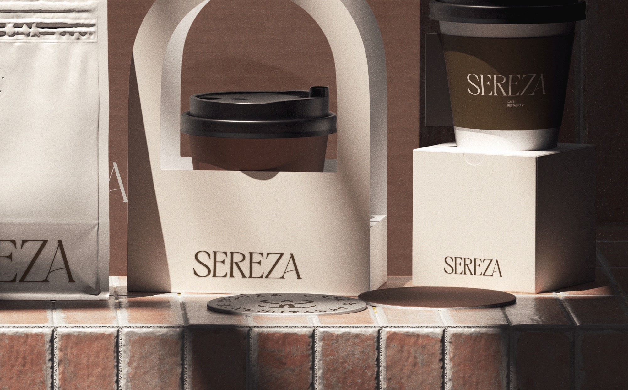 Sereza cup carriers, coffee packaging, and branded coasters
