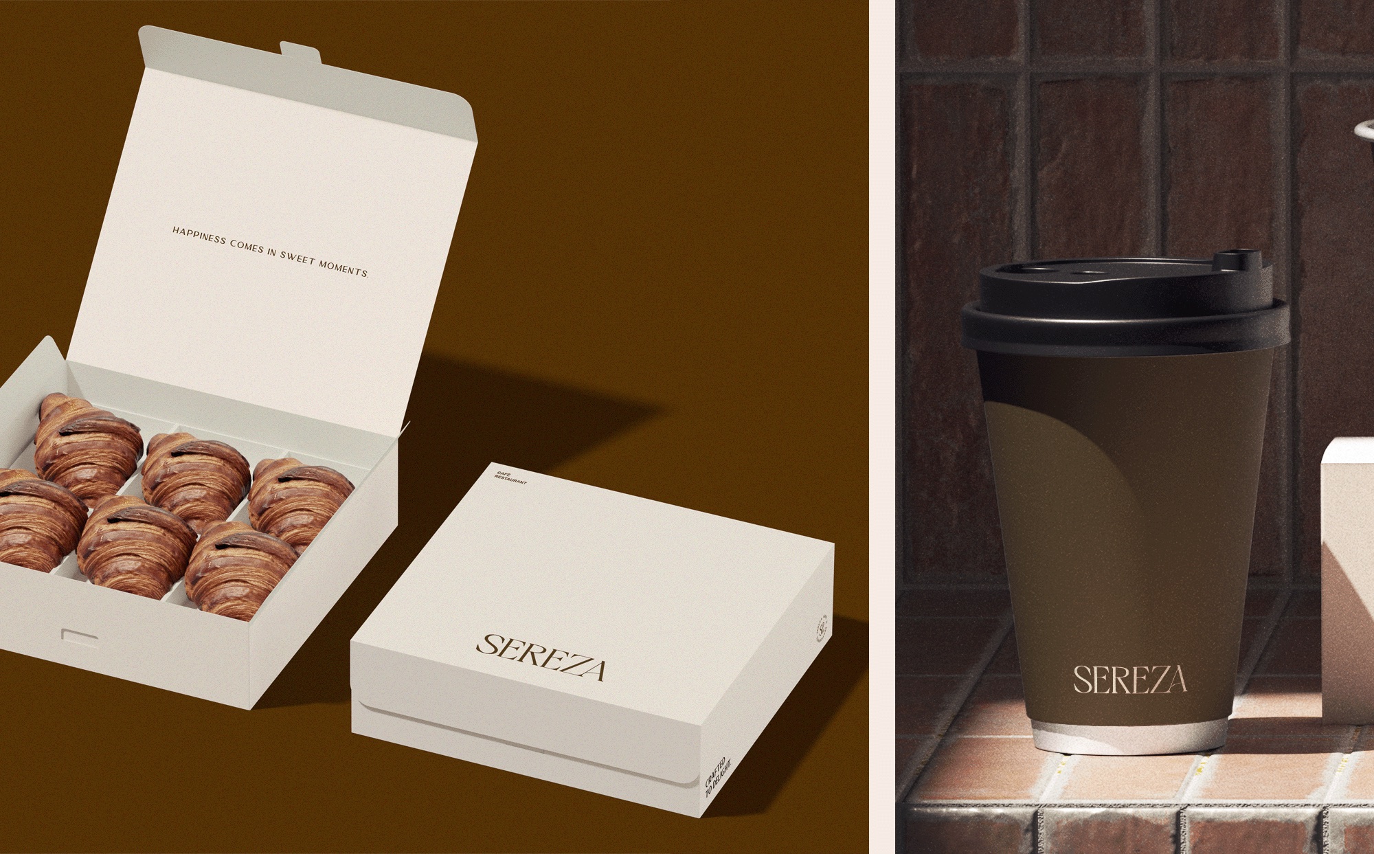Sereza pastry boxes with croissants and a matching takeaway coffee cup