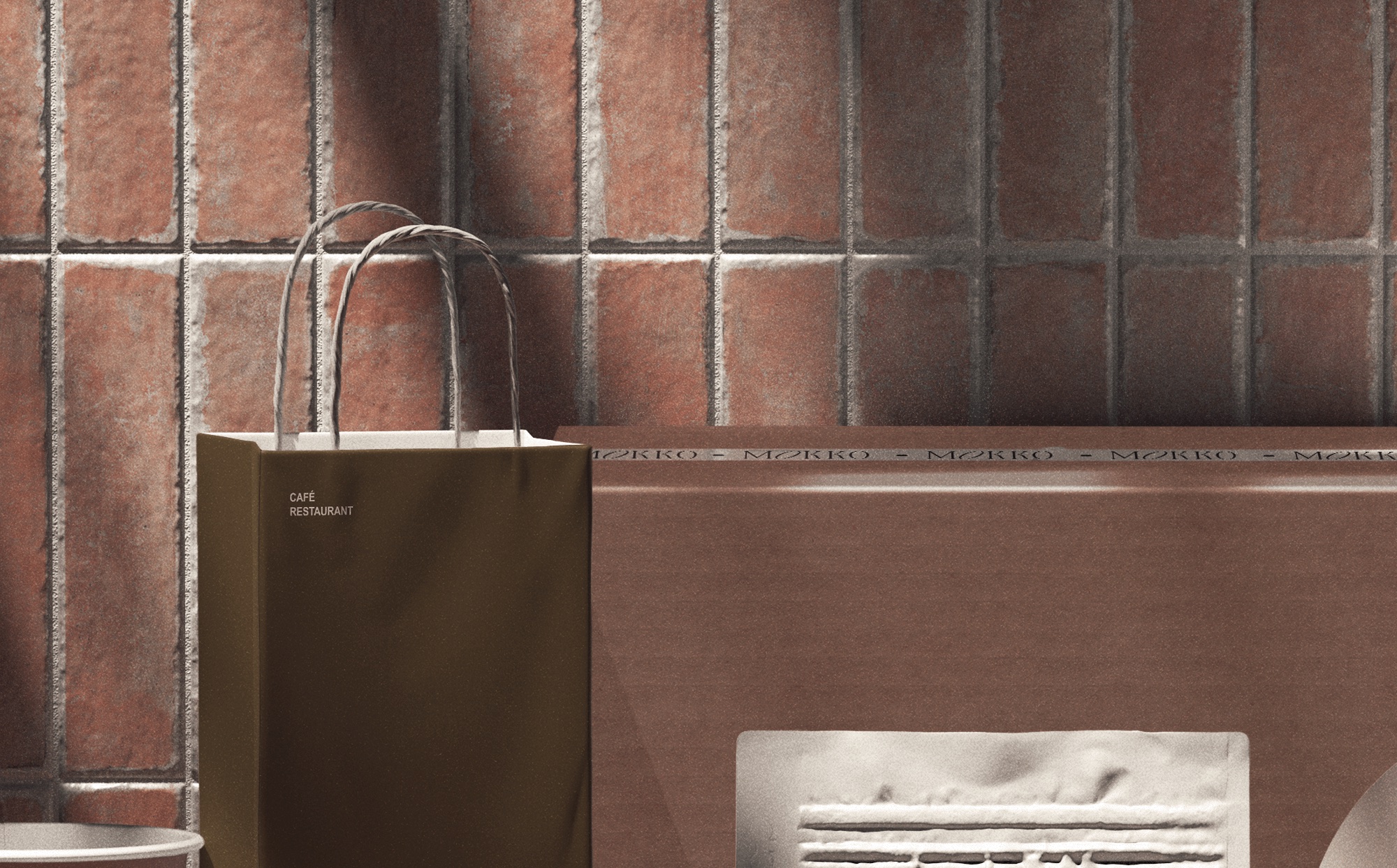 Olive brown Sereza paper bag alongside the café packaging collection