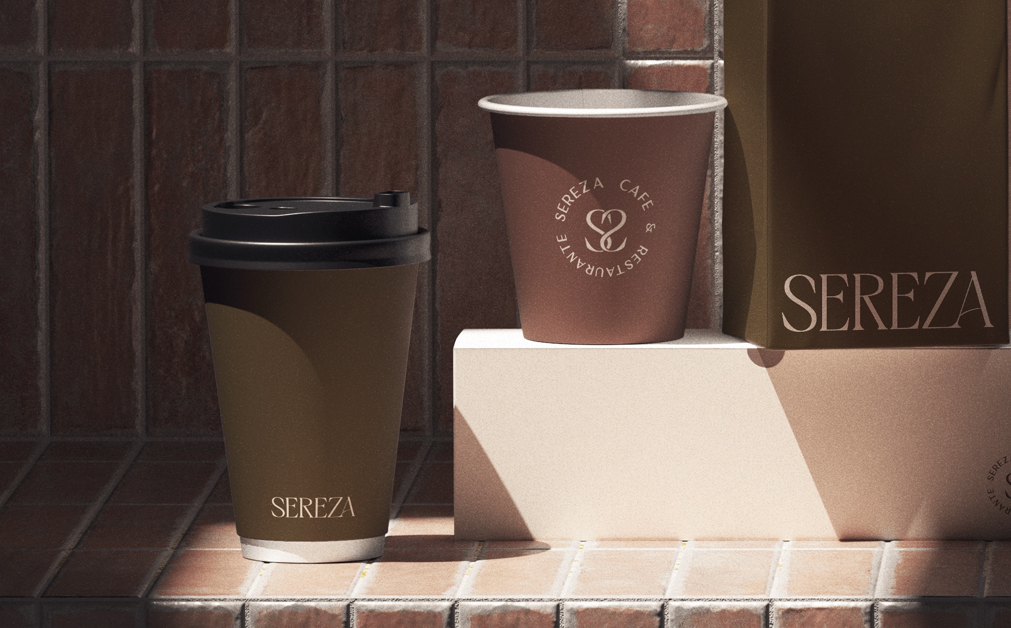 Sereza wordmark and circular monogram on takeaway coffee cups